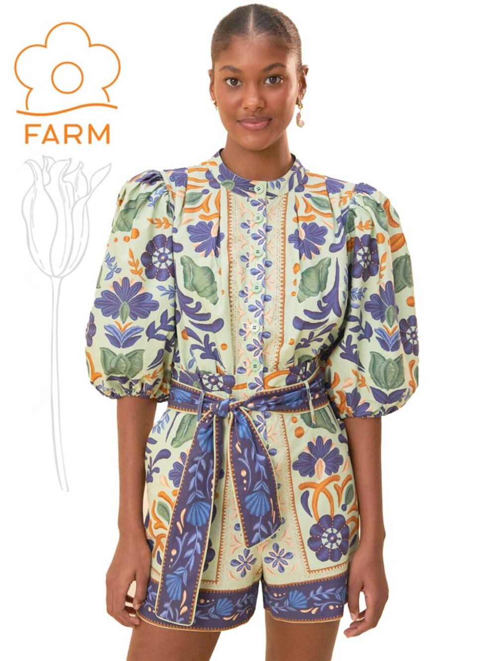 FARM RIO Ocean Tapestry Green Romper Jumpsuit